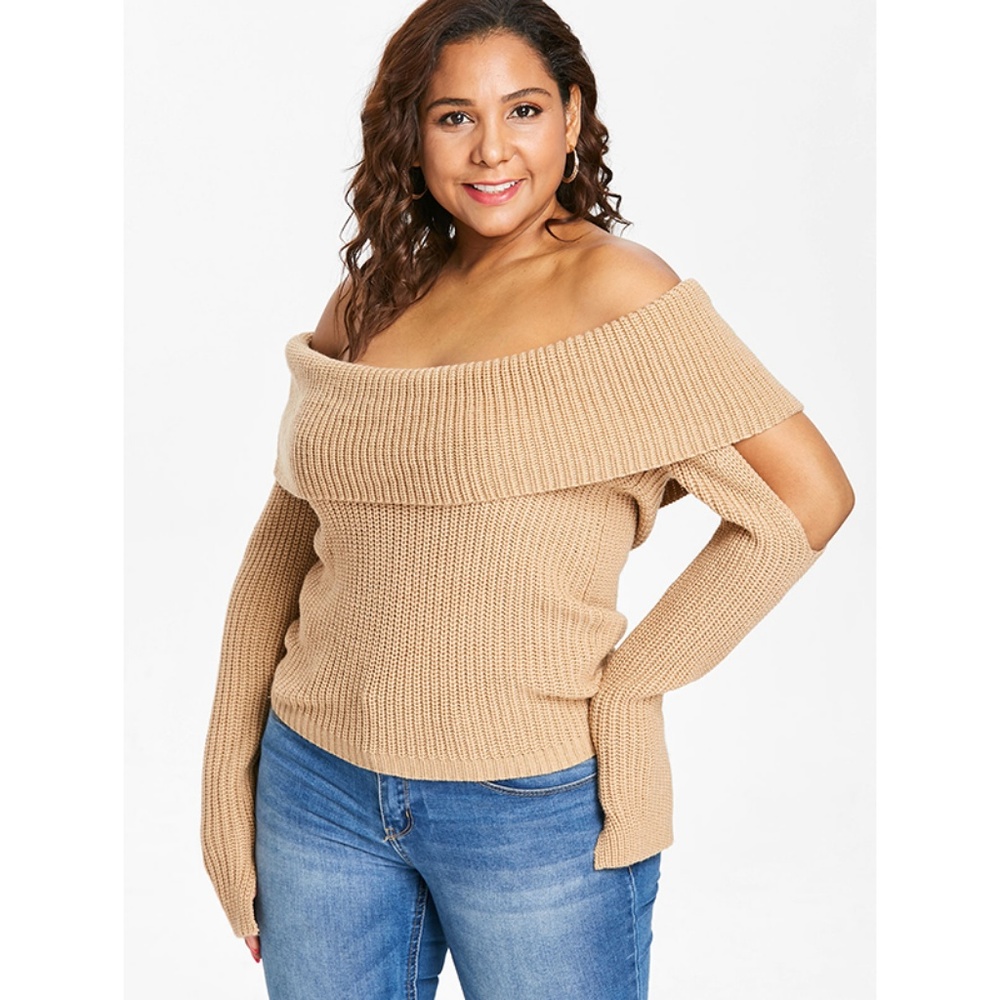 Plus Size Cutout Off Shoulder Sweater - Cornsilk - Picture 3 of 8